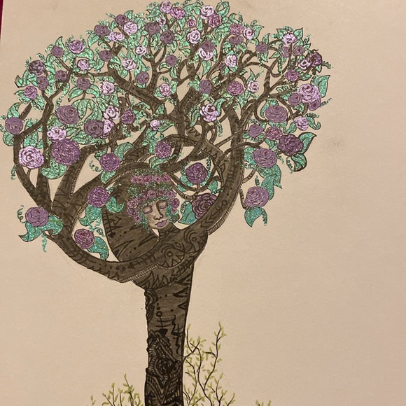 Unframed Original Art Drawing Graceful Pose Tree Lady in Ink, Marker, & Gel Pen - Picture 1 of 5
